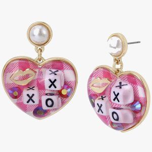 NWT Betsey Johnson XOXO Heart Drop Earrings Pink Gingham Lips Dice Pearl